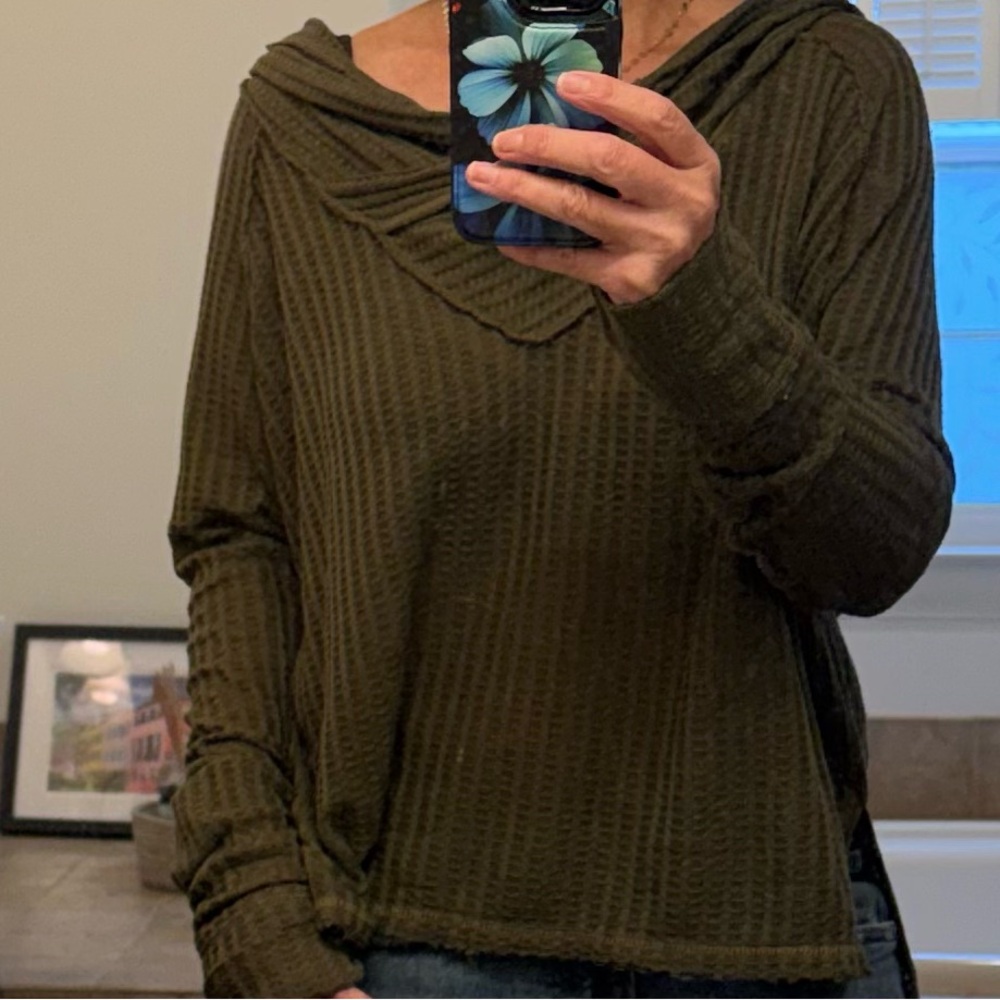 We The Free Olive Green Off-the-Shoulder Waffle Knit Sweater
